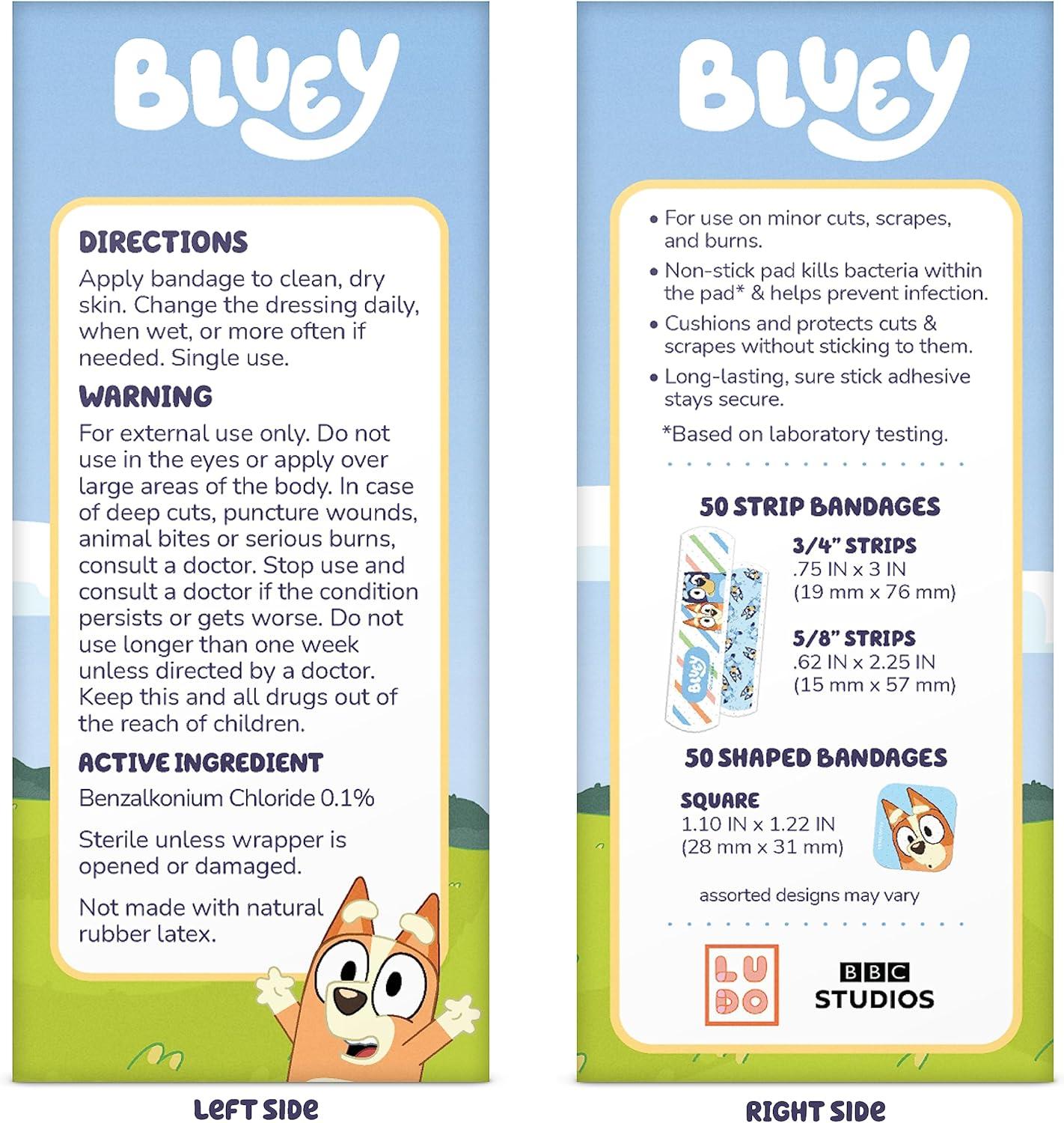 imageBluey Kids Bandages 3 Assorted Sizes 100 CT Wear Like Stickers Flexible Adhesive Bandages for Minor Cuts Scrapes and Burns Great Gift idea and Stocking Stuffer