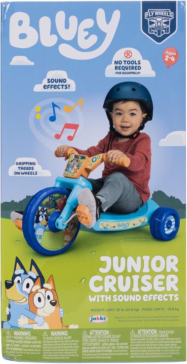 imageBluey Kids RideOn 10quot Fly Wheels Junior Cruiser Tricycle with Sounds Toddler Bike Trike Ages 1836M for Kids 3335 Tall 35 lbs Weight Limit