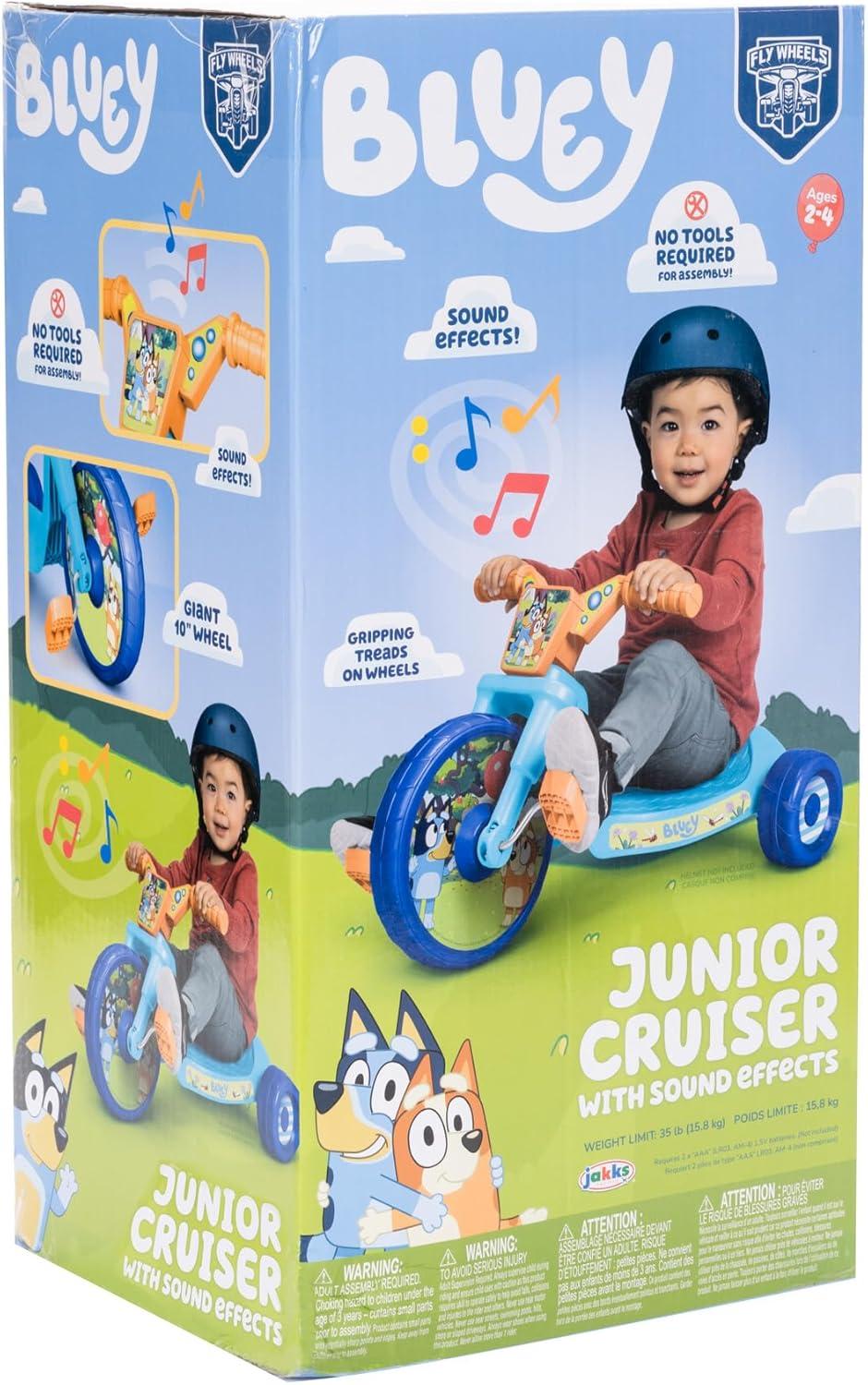 imageBluey Kids RideOn 10quot Fly Wheels Junior Cruiser Tricycle with Sounds Toddler Bike Trike Ages 1836M for Kids 3335 Tall 35 lbs Weight Limit