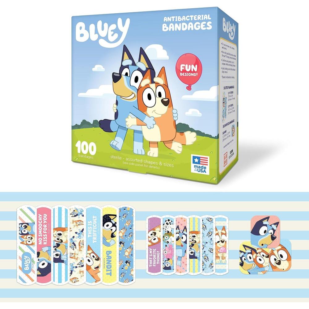 imageBluey Kids Bandages 3 Assorted Sizes 100 CT Wear Like Stickers Flexible Adhesive Bandages for Minor Cuts Scrapes and Burns Great Gift idea and Stocking Stuffer