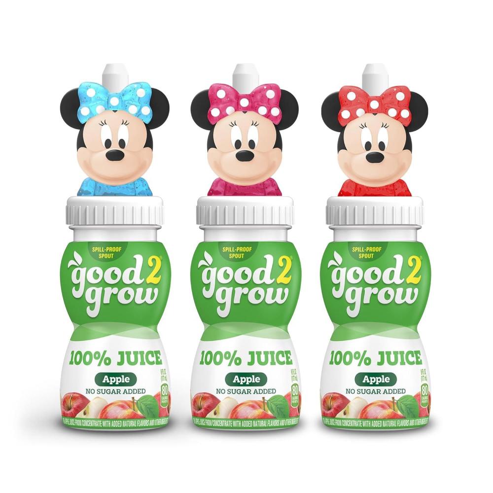 imagegood2grow Apple Juice 100 Juice Drinks for Kids Fruit Juice No Sugar Added 6 Fl Oz Juice Bottles with SpillProof Bluey Character Tops 3 PackMinnie Mouse