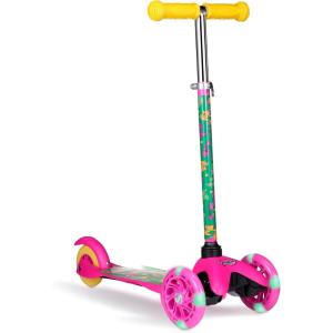 Self Balancing Kick Scooter with Light Up Wheels, Extra Wide Deck, 3 Wheel Platform, Foot Activated Brake, 75 lbs Limit, Kids & Toddlers Girls or Boys, for Ages 3 and Up(Barney)