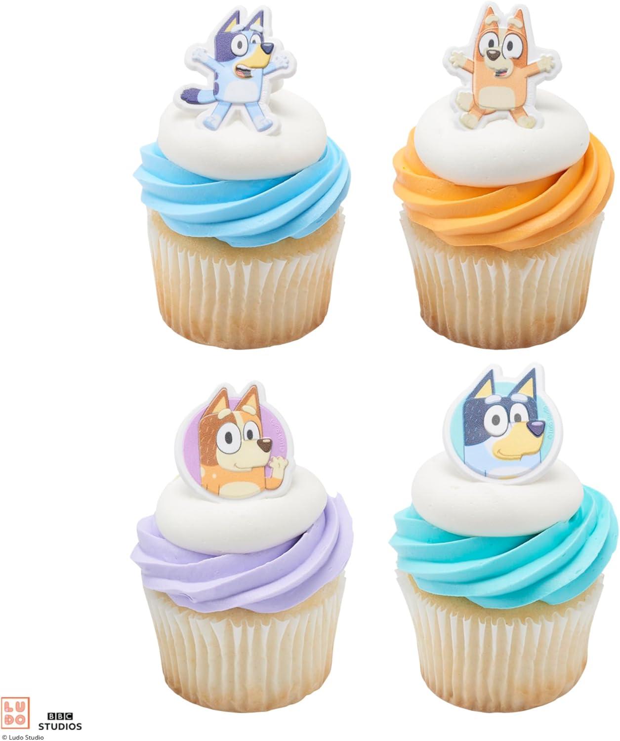 imageDecoPac Bluey So Much Fun Rings 24 Cupcake Decorations Featuring Bluey Bingo Bandit and Chilli 3D Food Safe Cake Toppers 24 Pack