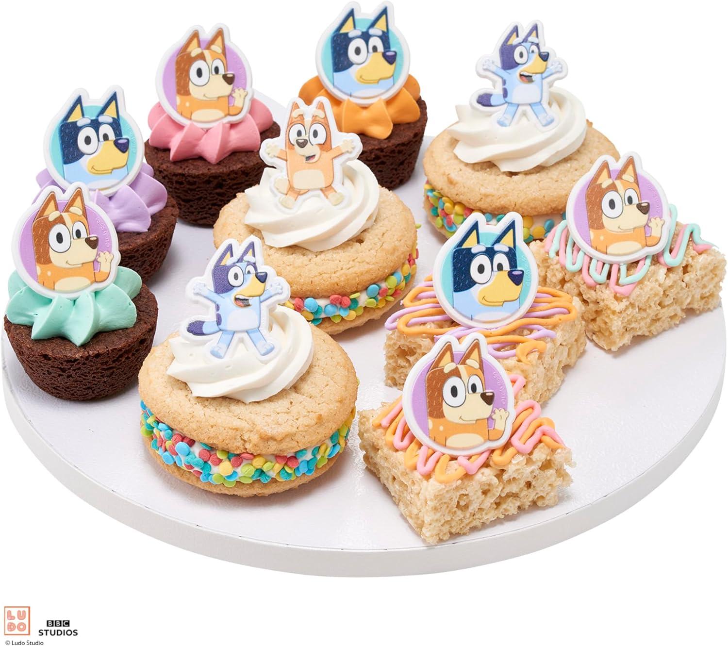 imageDecoPac Bluey So Much Fun Rings 24 Cupcake Decorations Featuring Bluey Bingo Bandit and Chilli 3D Food Safe Cake Toppers 24 Pack