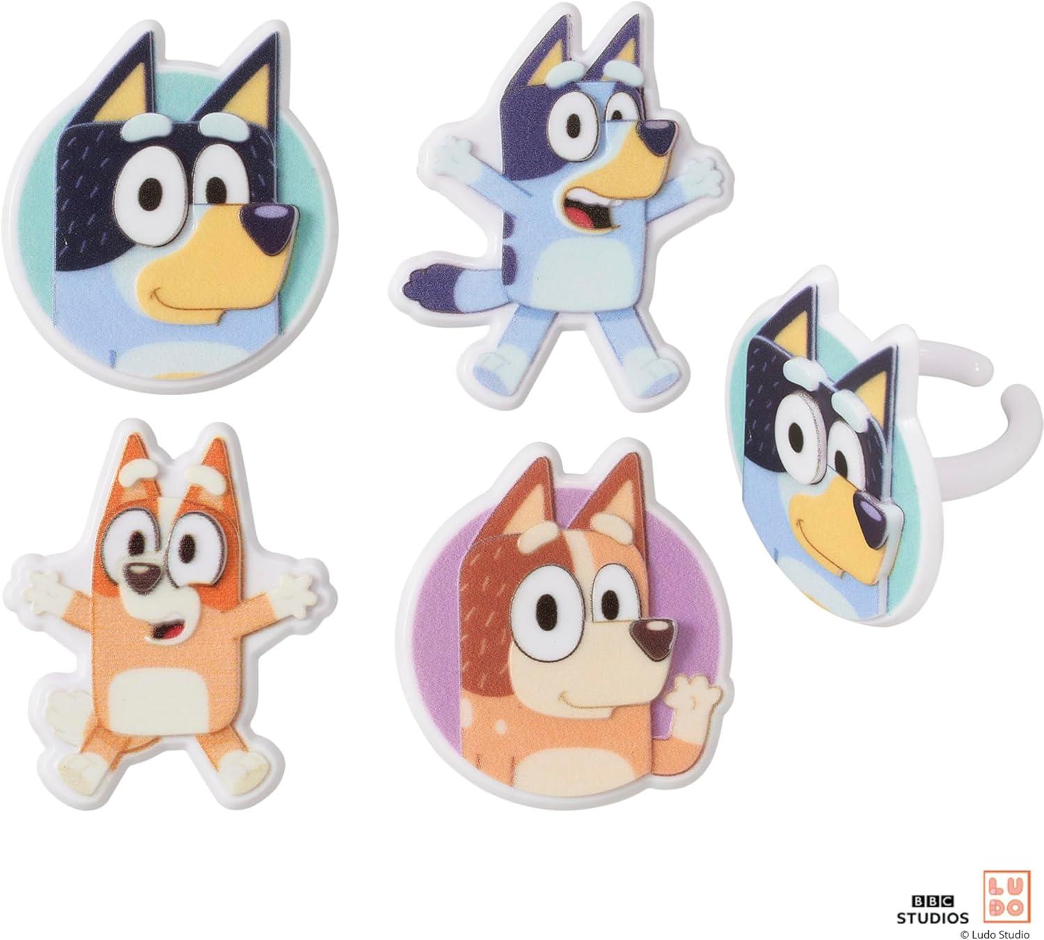 imageDecoPac Bluey So Much Fun Rings 24 Cupcake Decorations Featuring Bluey Bingo Bandit and Chilli 3D Food Safe Cake Toppers 24 Pack