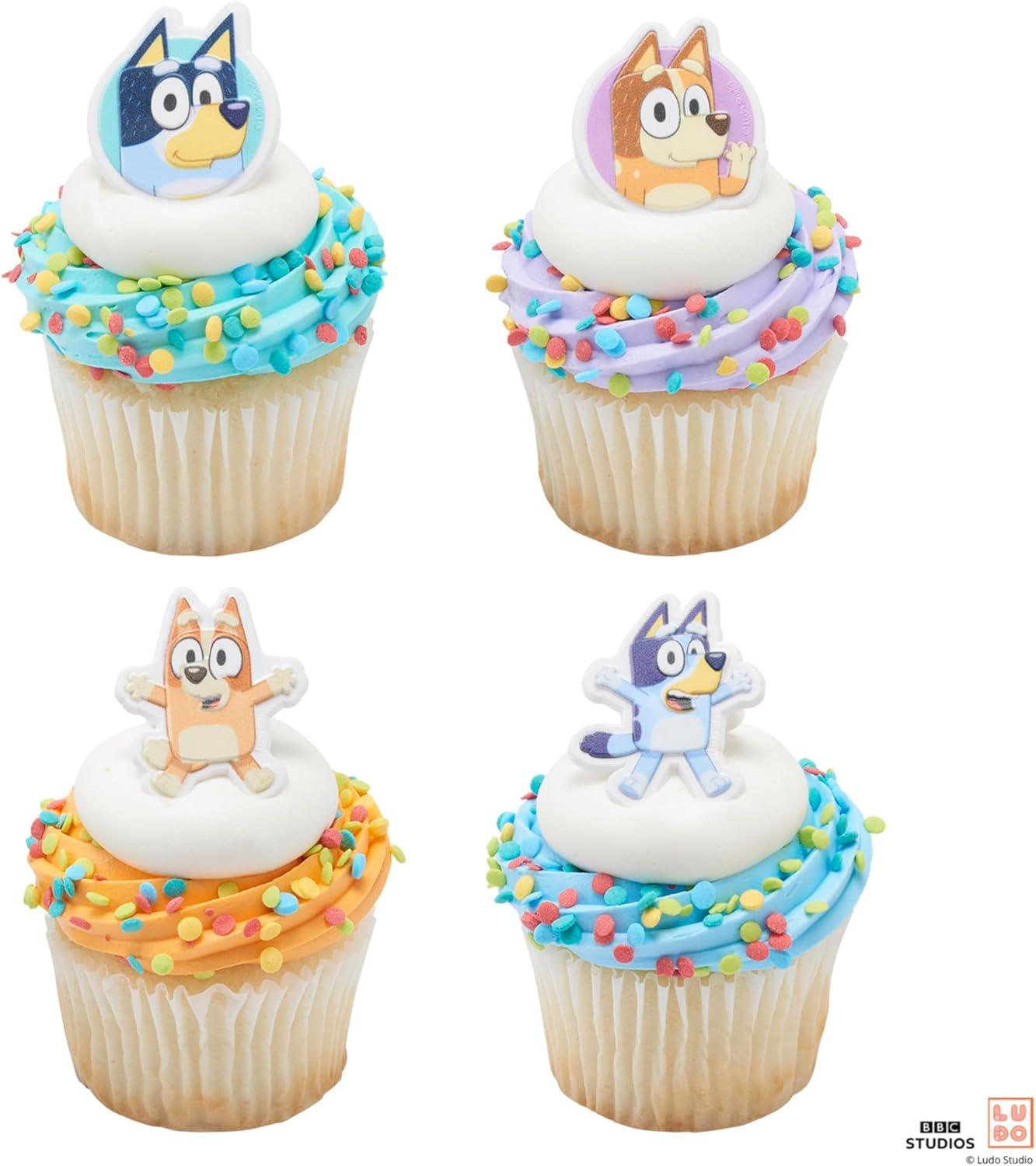 imageDecoPac Bluey So Much Fun Rings 24 Cupcake Decorations Featuring Bluey Bingo Bandit and Chilli 3D Food Safe Cake Toppers 24 Pack
