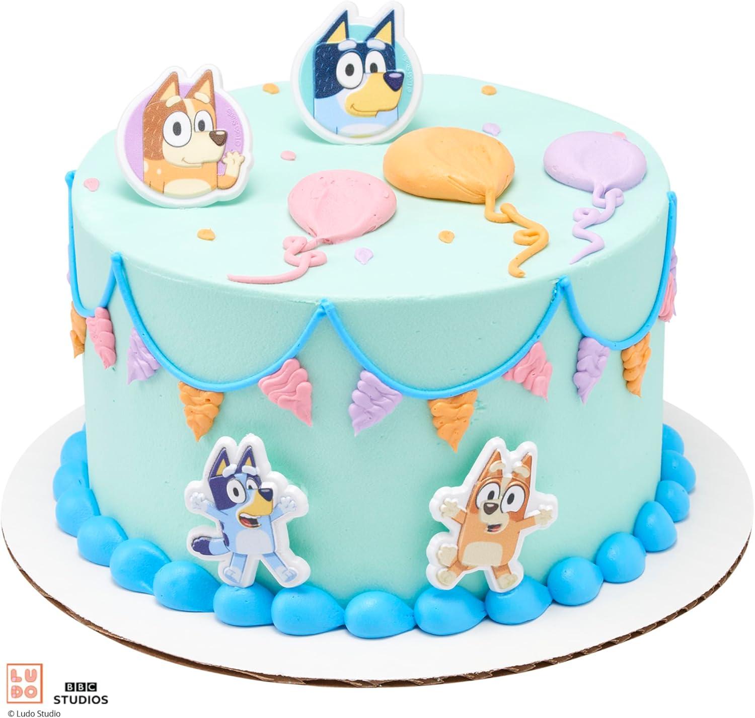 imageDecoPac Bluey So Much Fun Rings 24 Cupcake Decorations Featuring Bluey Bingo Bandit and Chilli 3D Food Safe Cake Toppers 24 Pack