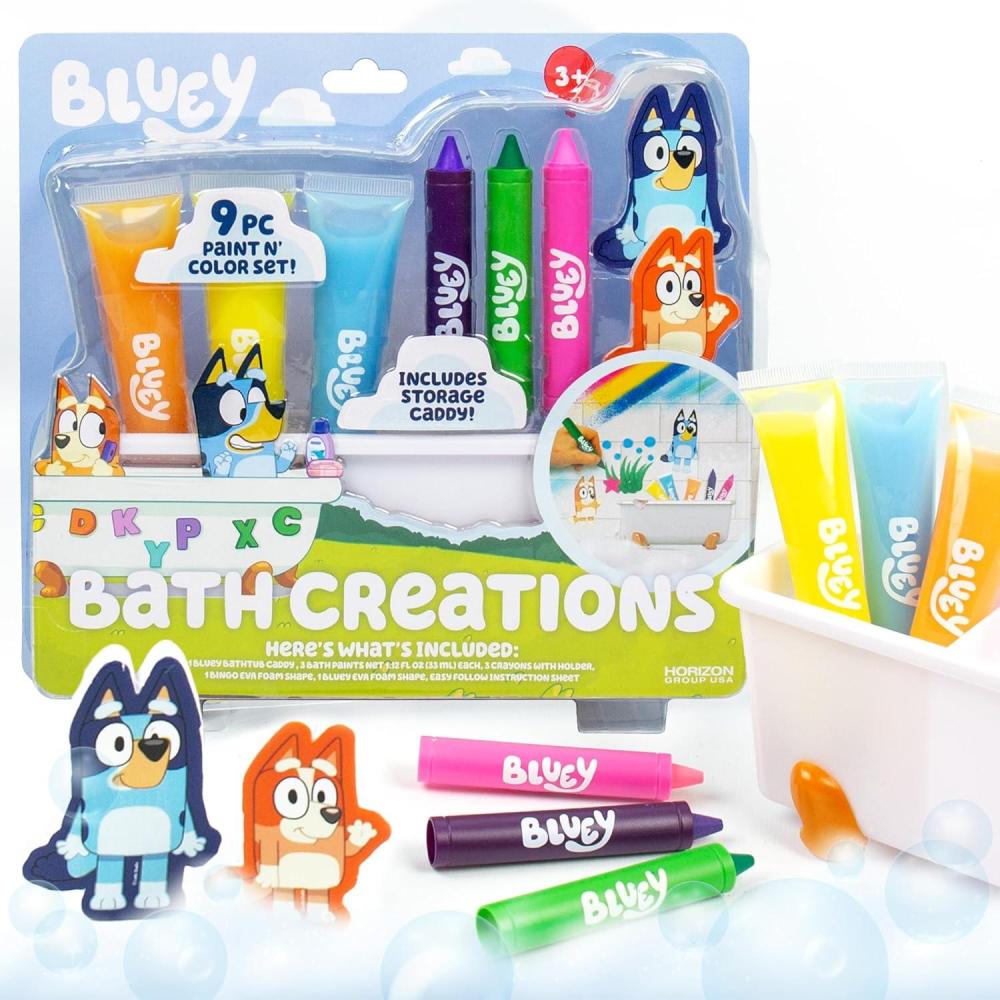 imageBluey Bath Creations 9Piece Bluey Activity Set Fun Bluey Bath Toys Includes Washable Bath Paints Bath Crayons Bath Toy Storage Bath Paint for Toddlers 13 Fun Bluey Gifts Toddler Art Supplies