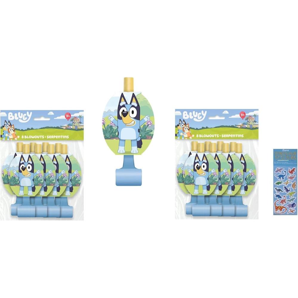 imageBluey Birthday Party Supplies Bundle Pack includes 16 Party Blowouts and 1 Dinosaur Sticker Sheet