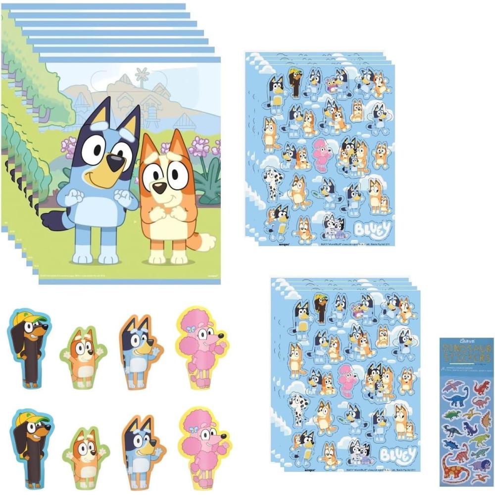 imageBluey Birthday Party Supplies Bundle includes 8 Plastic Loot Bags 8 Sticker Sheets 8 Paper Finger Puppets 1 Dinosaur Sticker Sheet