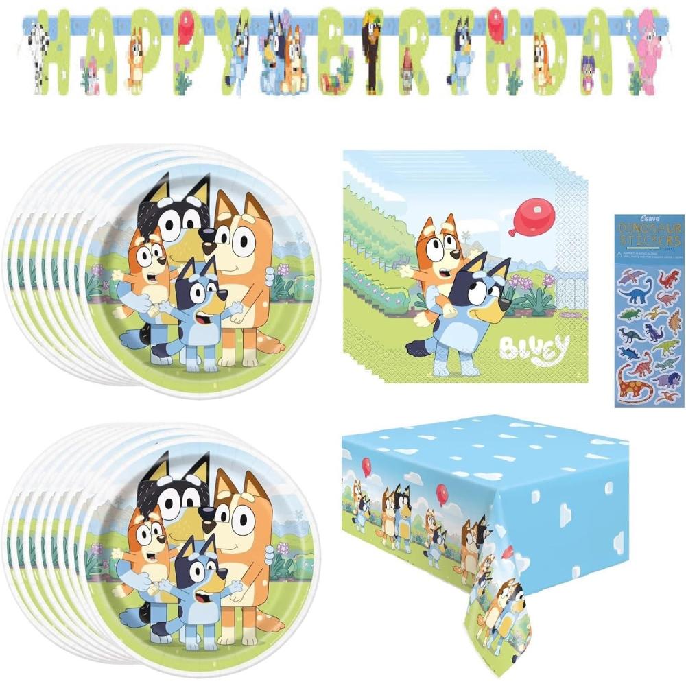 imageBluey Birthday Party Supplies Bundle includes Lunch Plates Lunch Napkins Table Cover Happy Birthday Banner Bundle for 16 with 1 Dinosaur Sticker Sheet