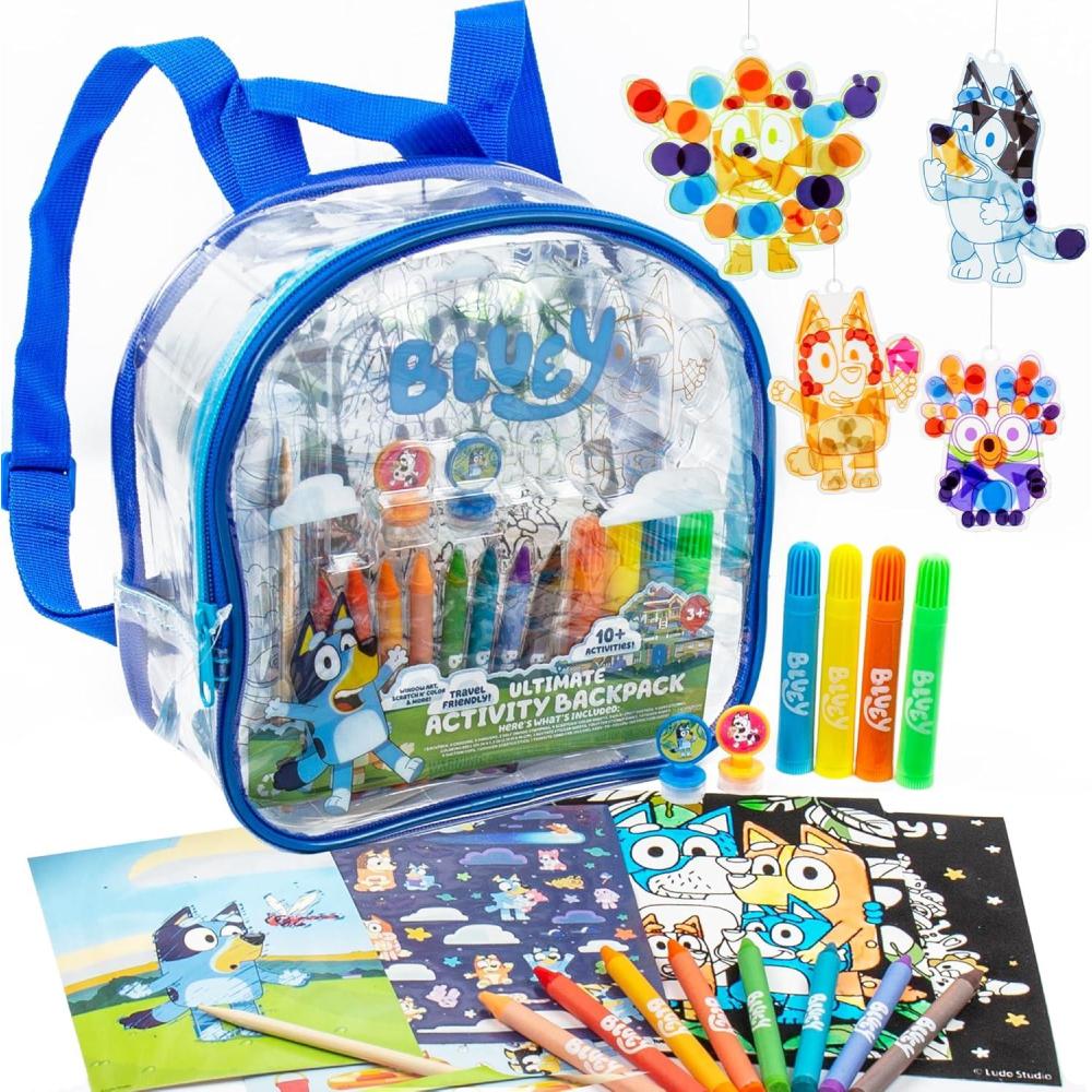 imageBluey Ultimate Activity Backpack 10 Activities Includes Backpack with 4 Sticker Suncatchers with 4 Suction Cups 4 Surprise Scratch Arts 2 Velvits Posters 1 Coloring Roll 4 Markers Kid Gifts