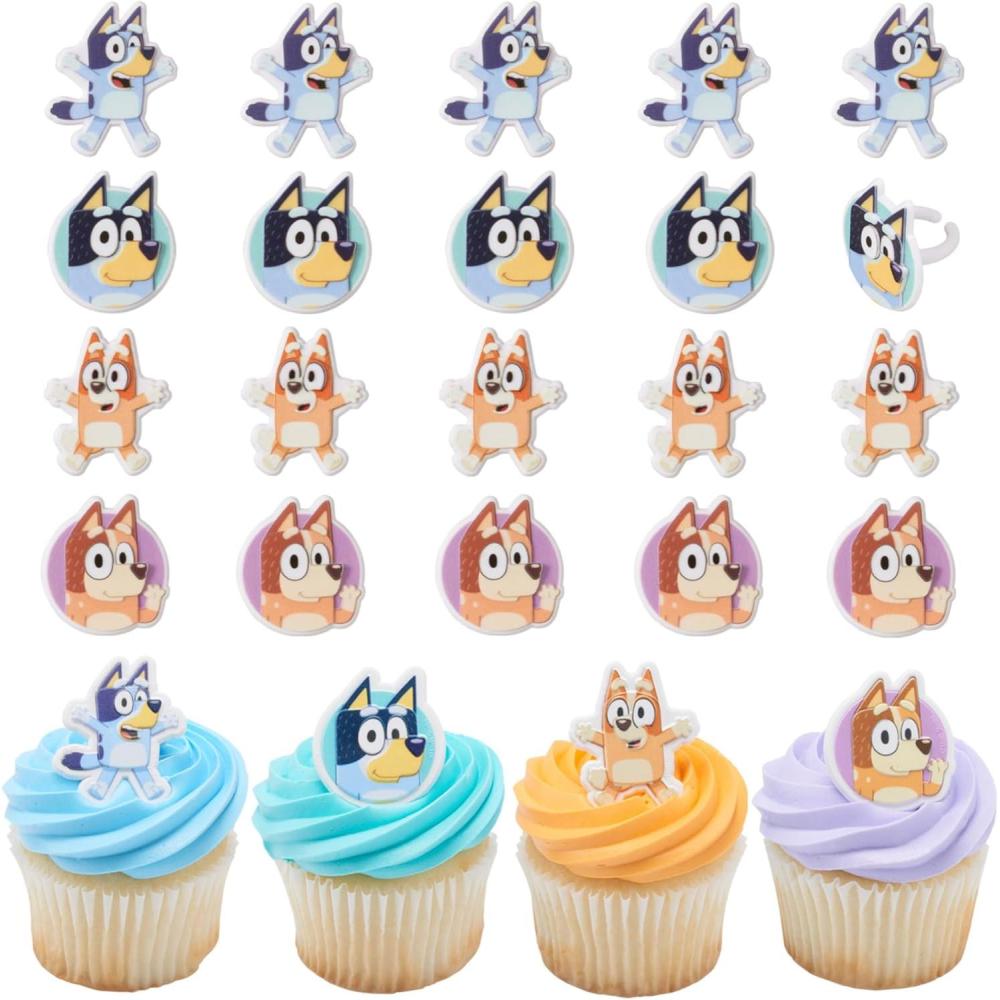 imageDecoPac Bluey So Much Fun Rings 24 Cupcake Decorations Featuring Bluey Bingo Bandit and Chilli 3D Food Safe Cake Toppers 24 Pack