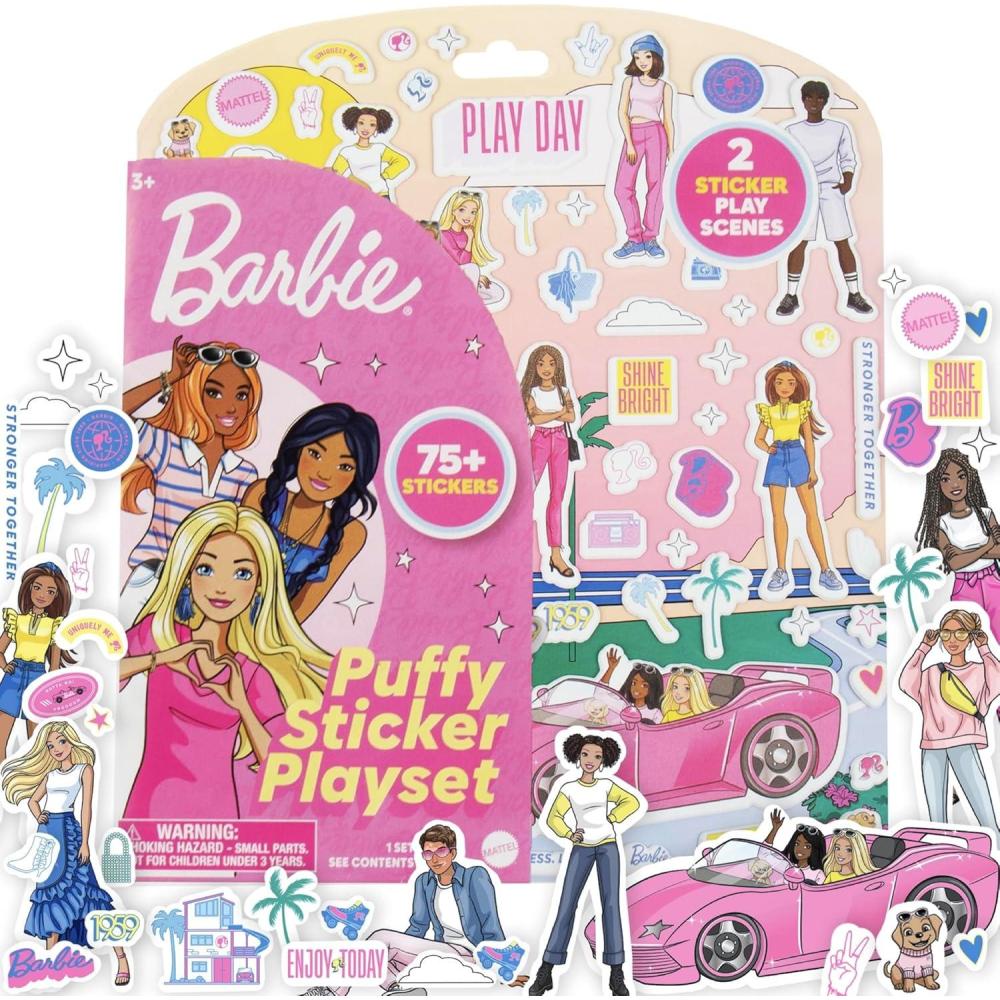 imageHorizon Group USA Bluey Sticker Playset 2 Sticker Play Scenes 35 Reusable Puffy Bluey Repositionable Stickers for Kids Perfect for Travel ScreenFree FunBarbie