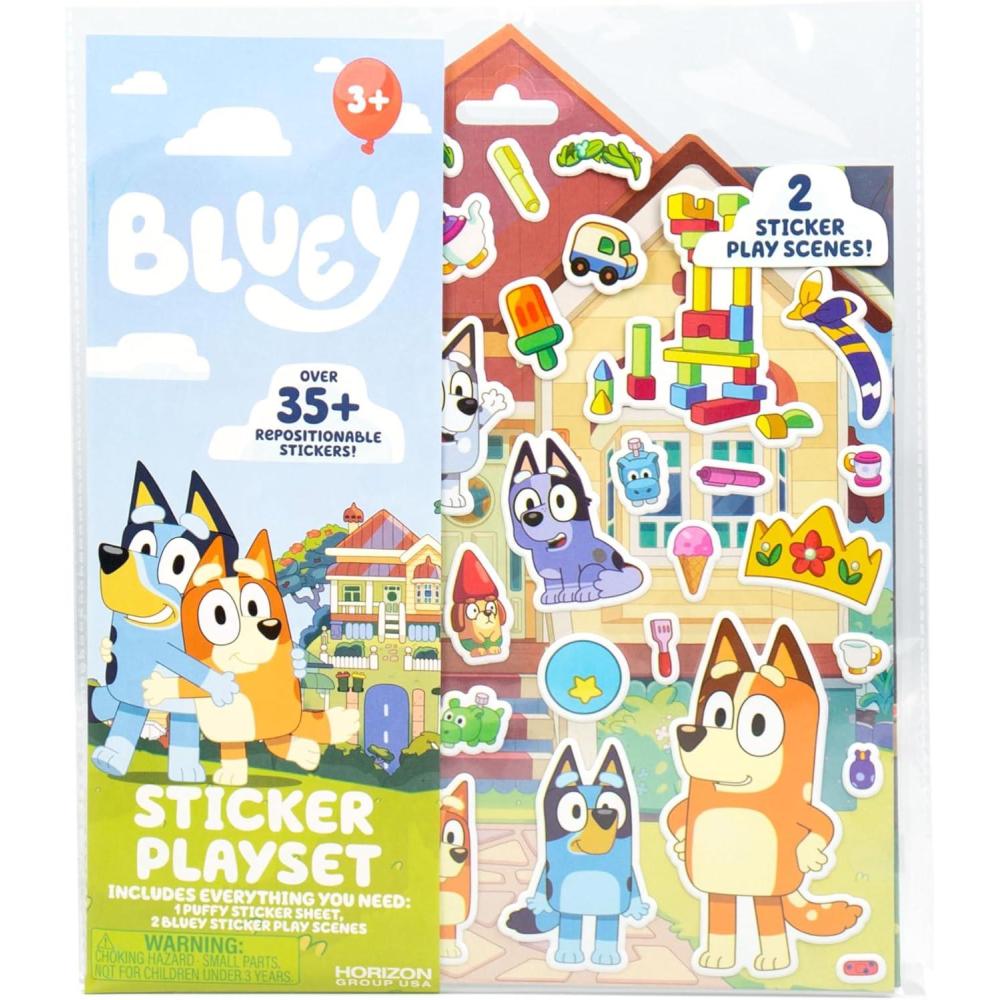 imageHorizon Group USA Bluey Sticker Playset 2 Sticker Play Scenes 35 Reusable Puffy Bluey Repositionable Stickers for Kids Perfect for Travel ScreenFree FunBluey