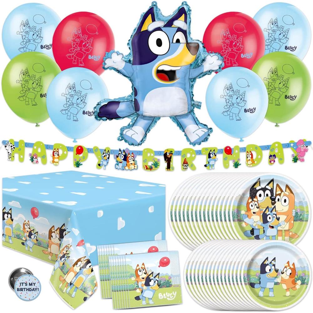 imageUnique Bluey Birthday Decorations Bluey Party Decorations Serves 16 Officially Licensed Balloons Banner Tablecover Plates Napkins Button