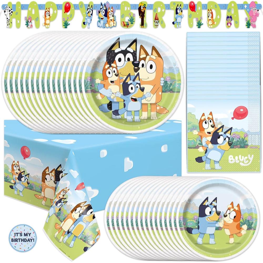imageUnique Bluey Birthday Party Supplies Serves 16 Guests Officially Licensed Bluey Party Decorations Banner Table Cloth Dinner ampamp Cake Plates Napkins Sticker