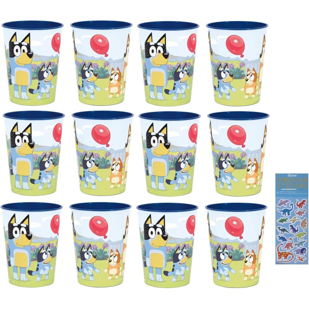 imageUnique Bluey Birthday Party Supplies Bundle Pack includes 12 Reusable Plastic Cups and 1 Dinosaur Sticker Sheet