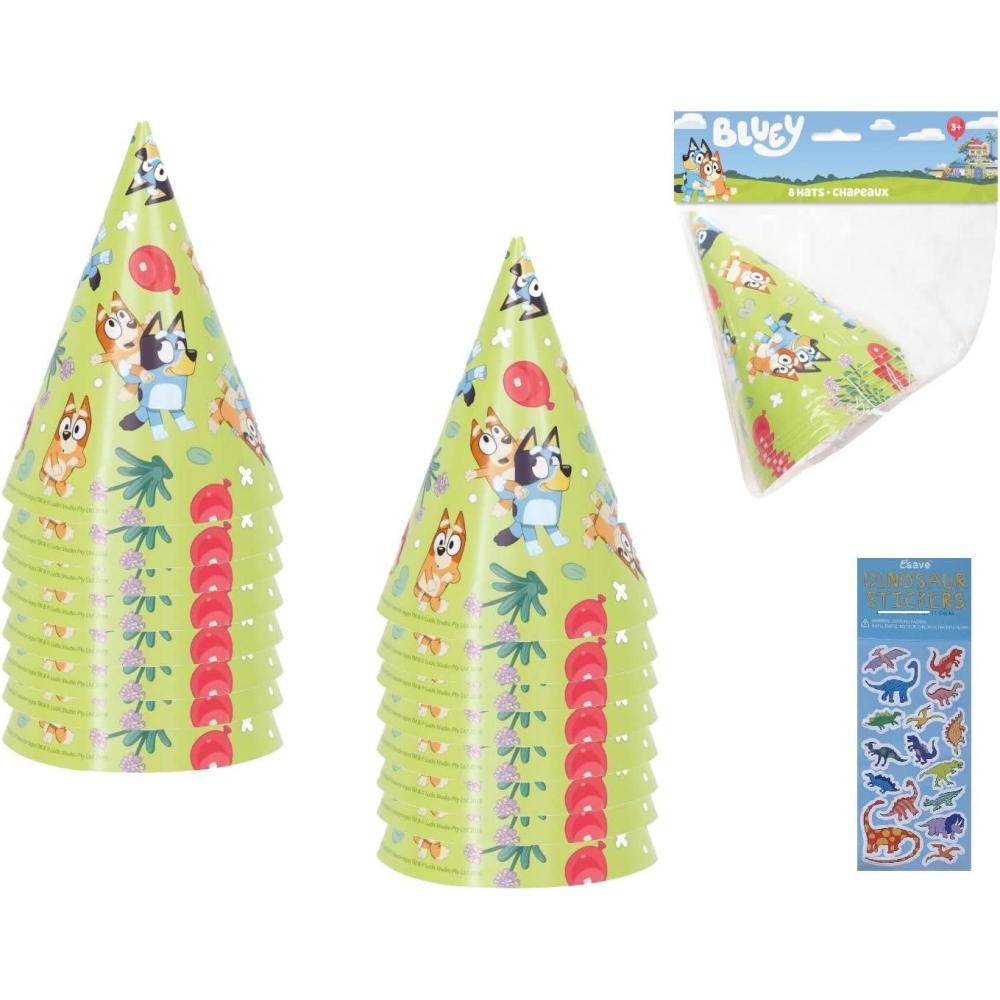 imageUnique Bluey Birthday Party Supplies Bundle Pack includes Party Cone Hats and 1 Dinosaur Sticker Sheet 16 Hats