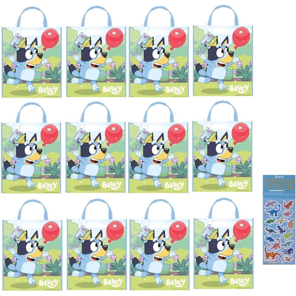 imageUnique Bluey Birthday Party Supplies Bundle includes 12 Large Plastic Party Tote Bags and 1 Dinosaur Sticker Sheet