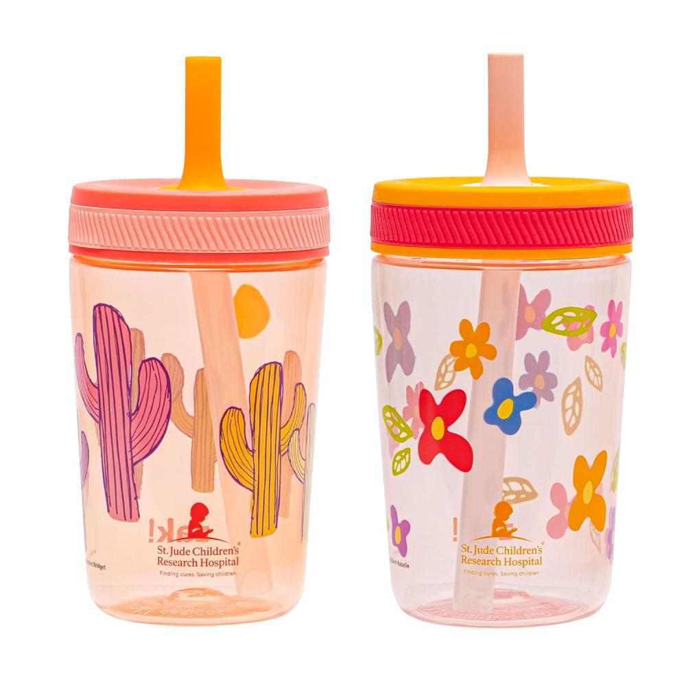 imageZak Designs 15oz Bluey Kelso Tumbler Set LeakProof ScrewOn Lid with Straw Made of Durable Plastic and Silicone Perfect Bundle for Kids 2 Count Pack of 1St Jude Floral and Cactus
