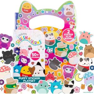 Horizon Group USA Bluey Sticker Playset, 2 Sticker Play Scenes, 35+ Reusable Puffy Bluey Repositionable Stickers for Kids, Perfect for Travel, Screen-Free Fun(Squishmallows)