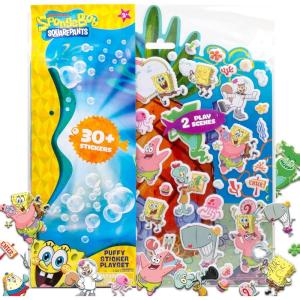 Horizon Group USA Bluey Sticker Playset, 2 Sticker Play Scenes, 35+ Reusable Puffy Bluey Repositionable Stickers for Kids, Perfect for Travel, Screen-Free Fun(Spongebob)