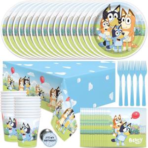 Unique Bluey Birthday Decorations | Bluey Party Decorations | Serves 16 | Officially Licensed | Tablecover, Plates, Cups, Napkins, Forks, Button