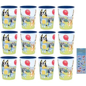 Unique Bluey Birthday Party Supplies Bundle Pack includes 12 Reusable Plastic Cups and 1 Dinosaur Sticker Sheet