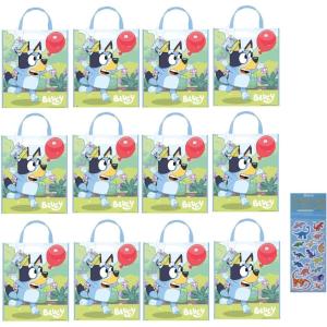 Unique Bluey Birthday Party Supplies Bundle includes 12 Large Plastic Party Tote Bags and 1 Dinosaur Sticker Sheet