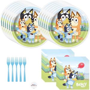 Unique Bluey Birthday Party Supplies Set for 16 Guests – Bluey Plates and Napkins, Forks, Sticker – Birthday Decorations, Party Decorations