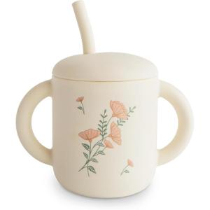 mushie x Bluey 100% Silicone Training Cup & Straw for Toddlers | 6 Months+ (Bluey Sage)(Pink Flowers)