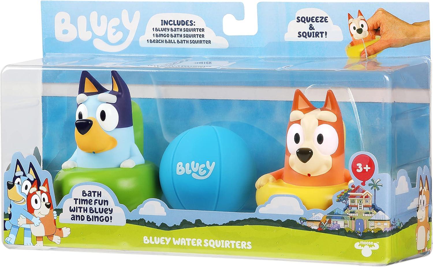 imageBluey Bath Squirter Toys Pack of 3 Lightweight Floating Water Toy Set with Bingo and Beach Ball Squeezable Bath Toys for Toddlers and Kids Ages 3