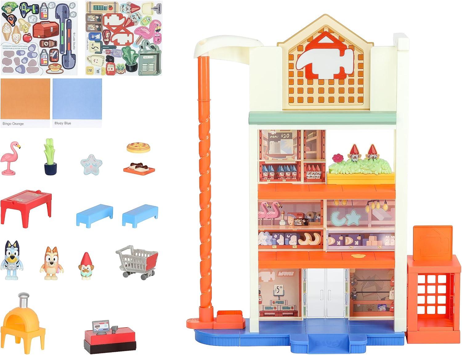 imageBluey Hammerbarn Shopping Playset 4 Level 22quot Tall Playset with Working Lift and Trolley Return Including Lights and 45 Sounds