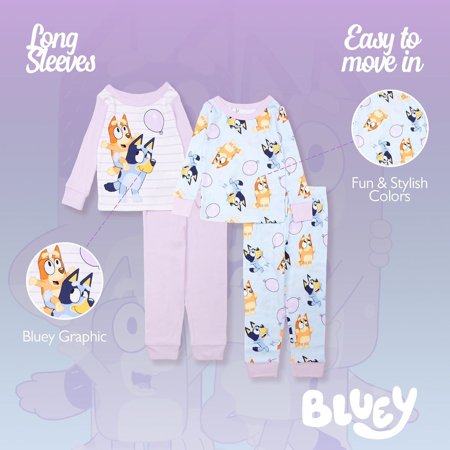 imageBluey unisexchild 4Piece Snugfit Cotton Pajama Set Soft ampamp Cute for Kids BALLOON FUN 4T