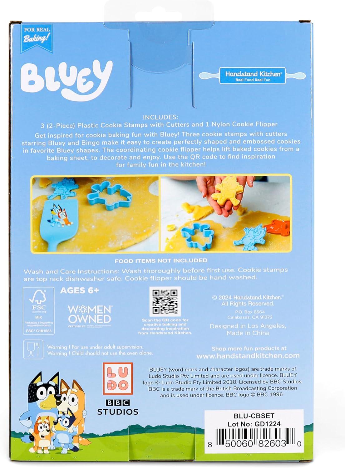 imageHandstand Kitchen Bluey Cookie Baking Set with Three Bluey Themed Cookie Stamp Cutters and Nylon Cookie Spatula