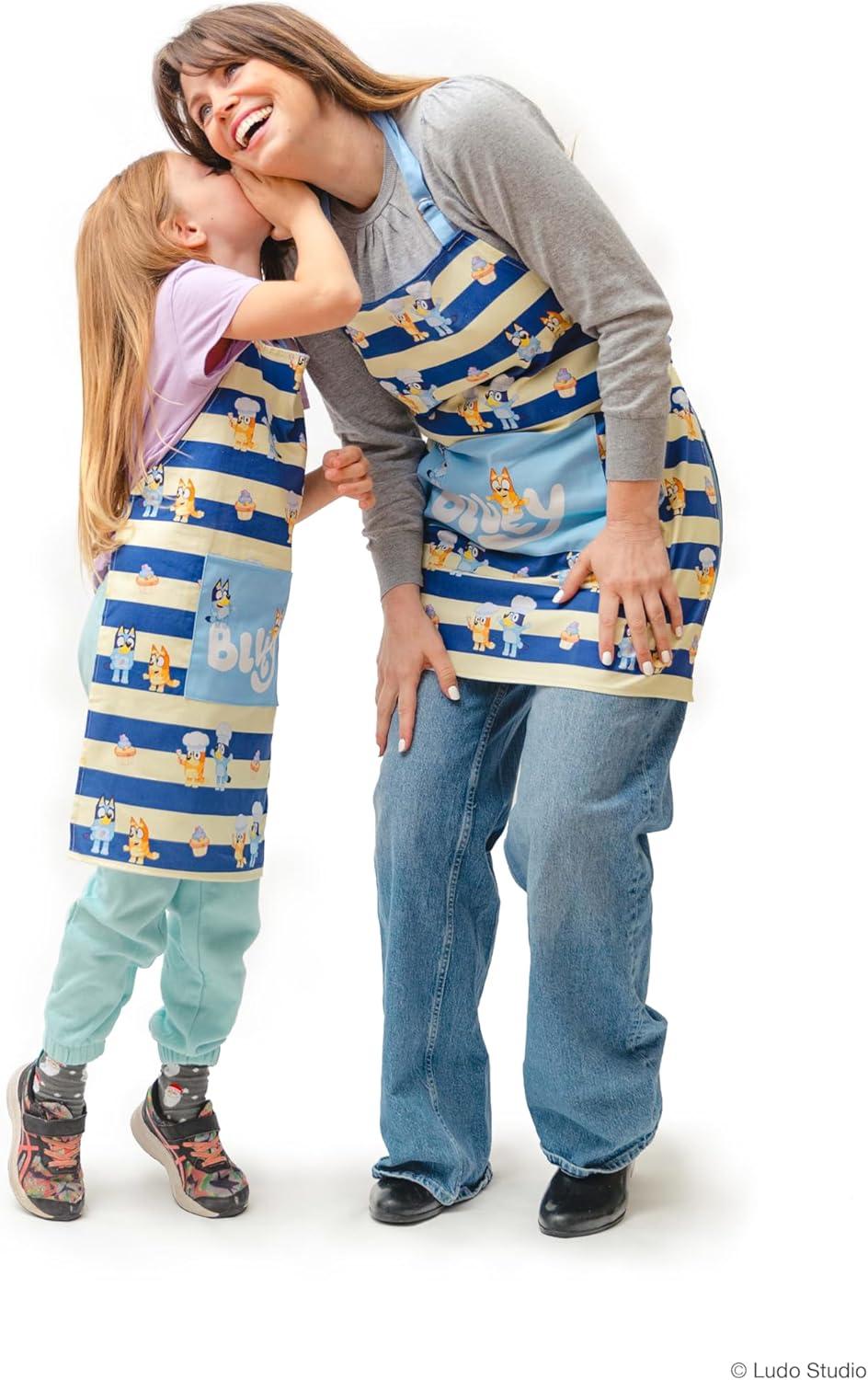 imageHandstand Kitchen Bluey and Bingo 100 Cotton Blue Stripe Print Patch Pocket Adult and Child Apron Set