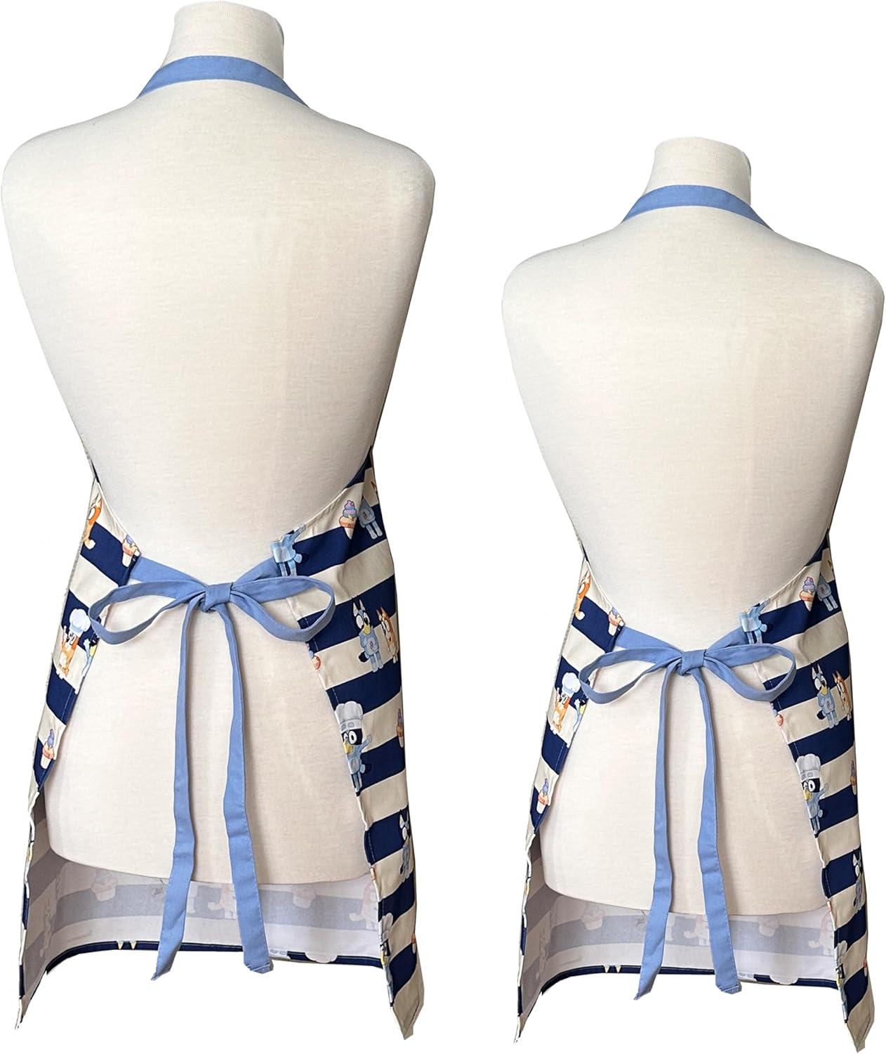 imageHandstand Kitchen Bluey and Bingo 100 Cotton Blue Stripe Print Patch Pocket Adult and Child Apron Set