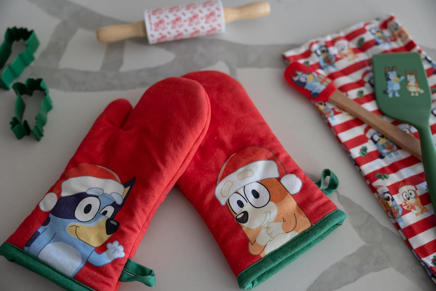 imageHandstand Kitchen Bluey and Bingo 100 Cotton Holiday Stripe Print Childs Apron and Oven Mitt Pair Set
