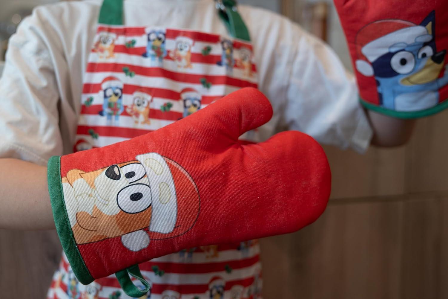 imageHandstand Kitchen Bluey and Bingo 100 Cotton Holiday Stripe Print Childs Apron and Oven Mitt Pair Set