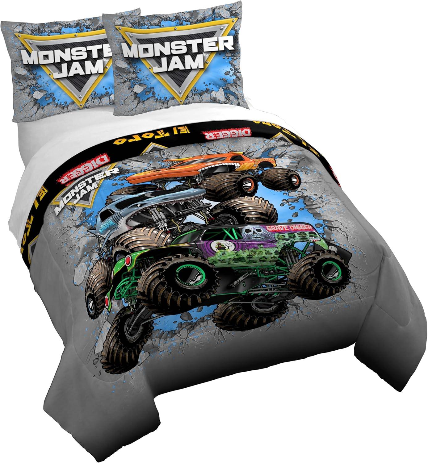 imageJay Franco Kids Duvet Cover Set 3 Piece Super Soft Bedding with Sham Pillowcase Cover ONLY Comforter Not Included Multi Bluey QueenGrey Monster Jam