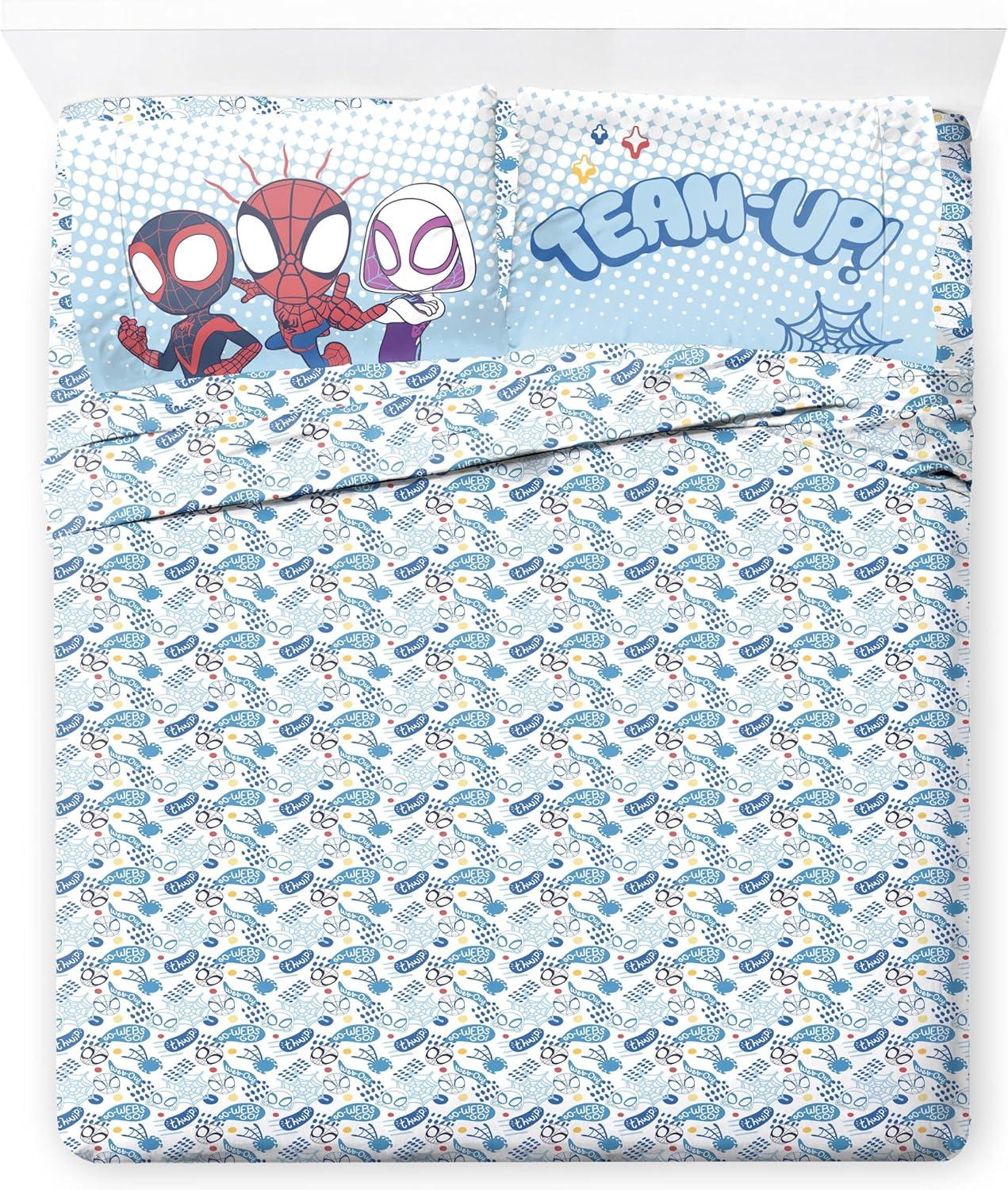 imageJay Franco Kids Sheet Set with Fitted Flat Sheets ampamp Pillow Cover UltraSoft Bedding with Pillowcase for Room Decor Blue Bluey ampamp Bingo 3 Piece ToddlerMulti Spidey Friends