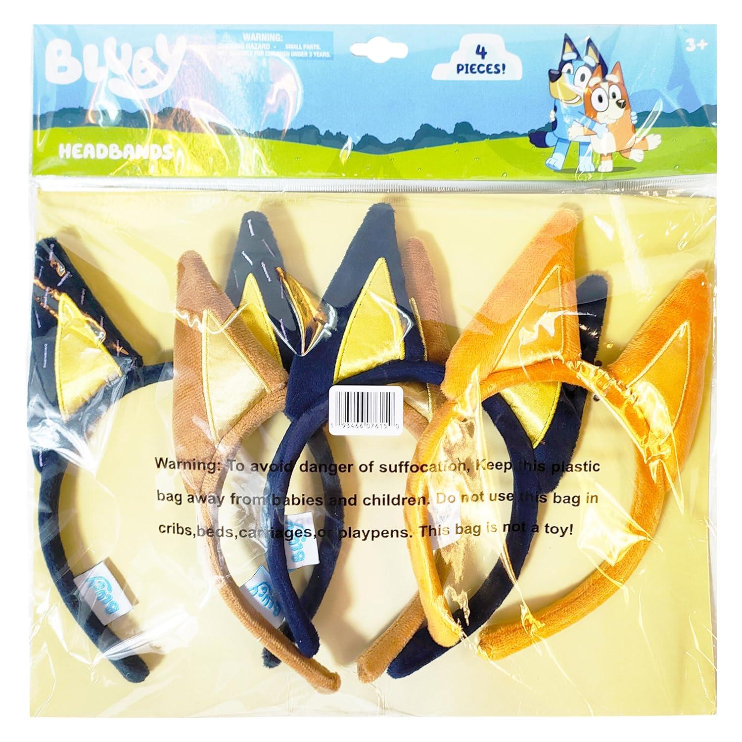 imageLUV HER Bluey Party Supplies 4pc Animal Costume Ears Headband Plush Soft Ears Elastic Family Headbands for Halloween Birthday Play Day