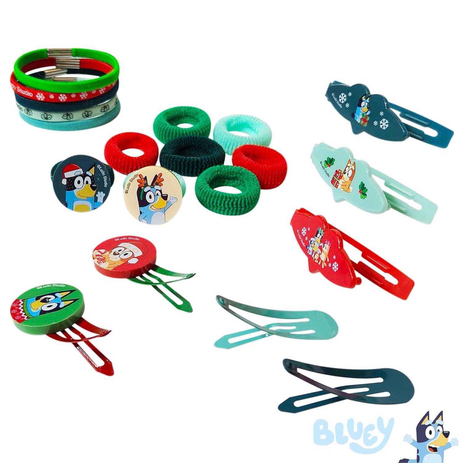 imageLuv Her Girls Hair Accessories Set 20 Pack Featuring Christmas Bluey Includes 3 Barrettes 4 Snap Clips 5 Elastics 8 Terry Ponies Everyday Wear Special Occasions Ages 3
