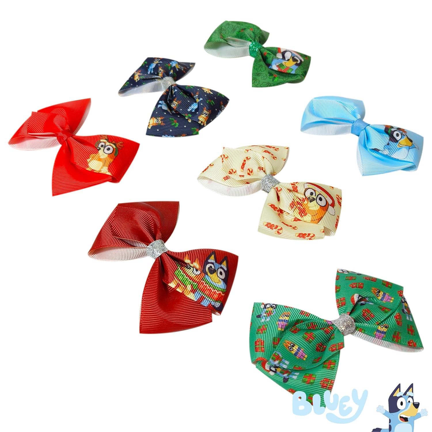imageLuv Her Licensed Bluey Girls Hair Bows for Girls Hair Accessories Gift Set 7 Pcs 4 Inch Bundle Bluey Christmas Hair clips Alligator Clip Ages 3