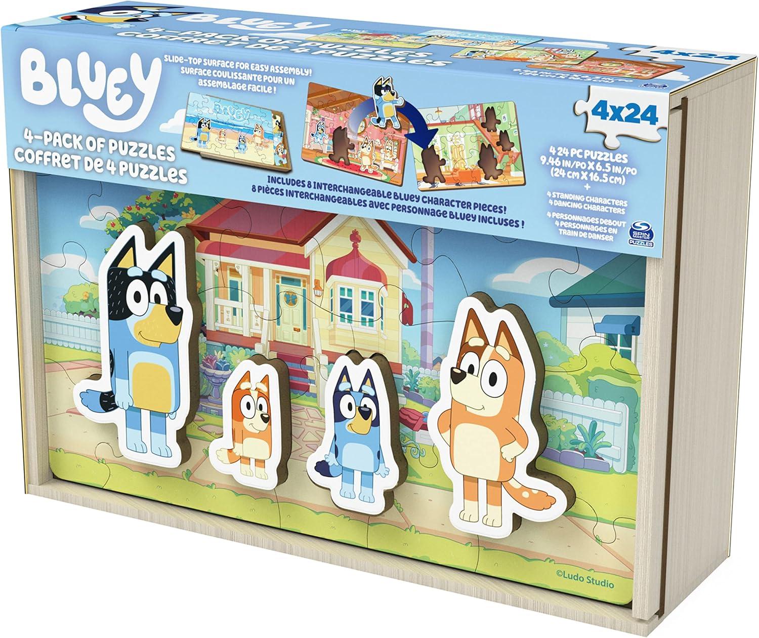 imageSpin Master Games Bluey Puzzles 4Pack Wooden Jigsaw Puzzles for Preschoolers 24 Pieces Each Interchangeable Pieces Bluey Birthday Gifts for Kids Ages 3 ampamp Up