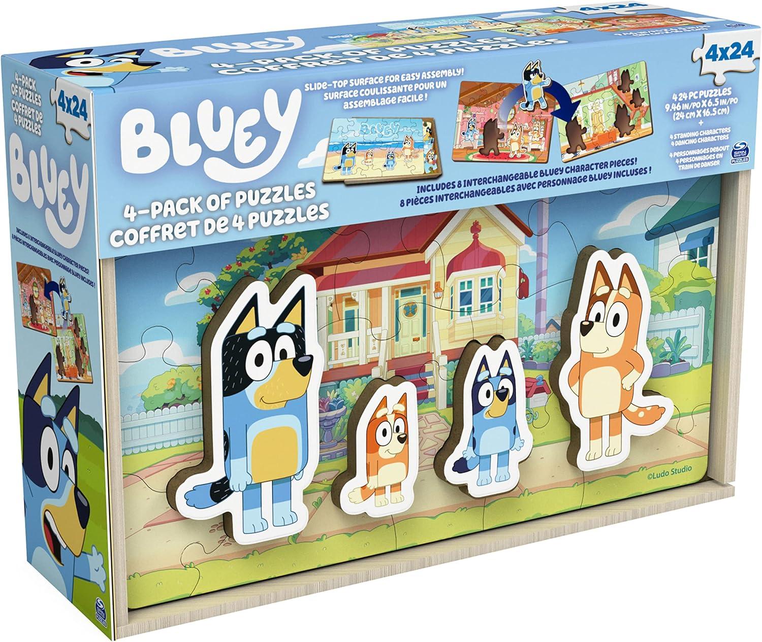 imageSpin Master Games Bluey Puzzles 4Pack Wooden Jigsaw Puzzles for Preschoolers 24 Pieces Each Interchangeable Pieces Bluey Birthday Gifts for Kids Ages 3 ampamp Up