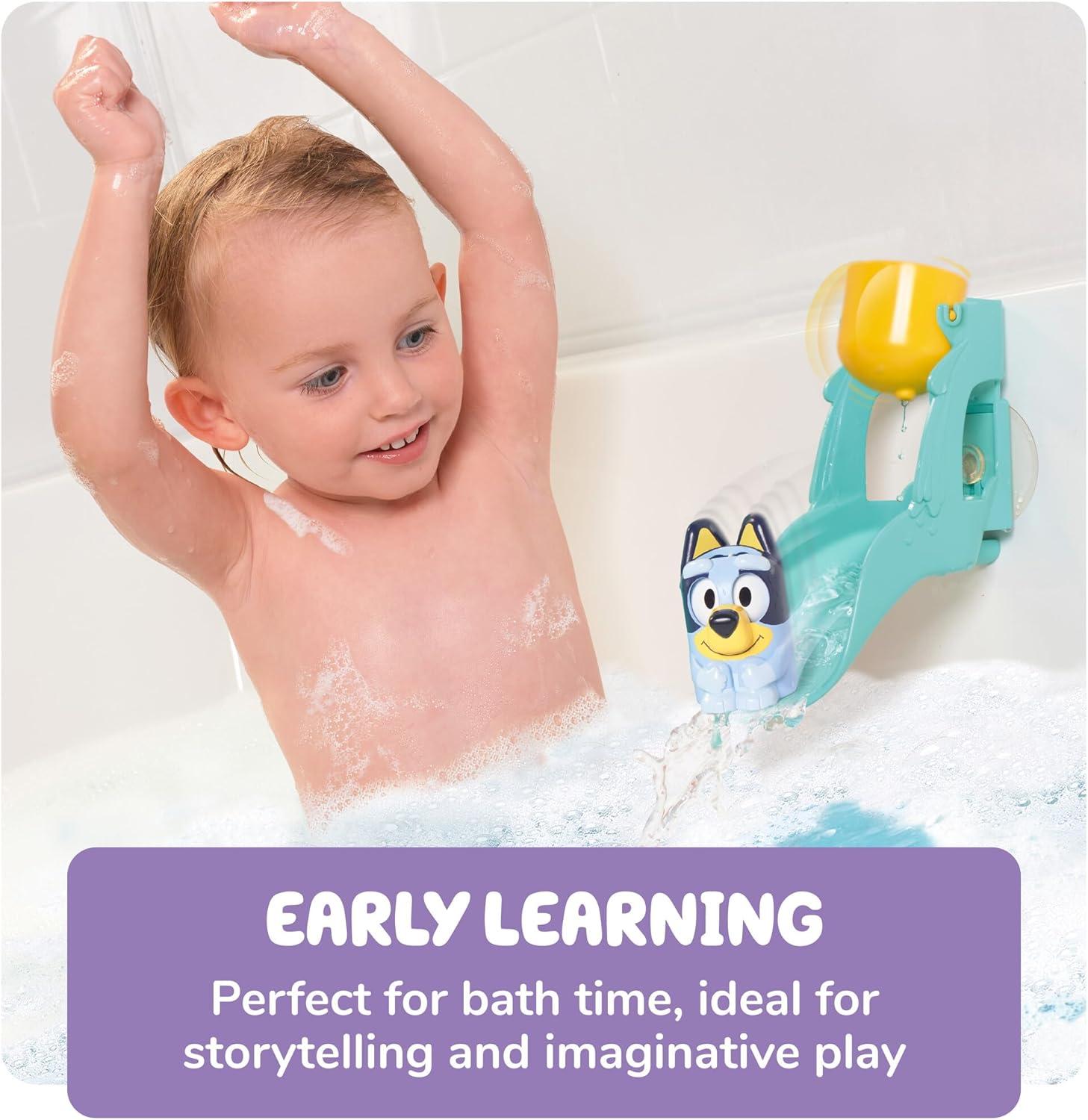 imageTOMY Toomies Blueys Water Slide Includes Water Slide with Suction Cup Clip On Bucket and Bluey Figure Interactive Toddler Bath Toys Ages 18 Months and Up