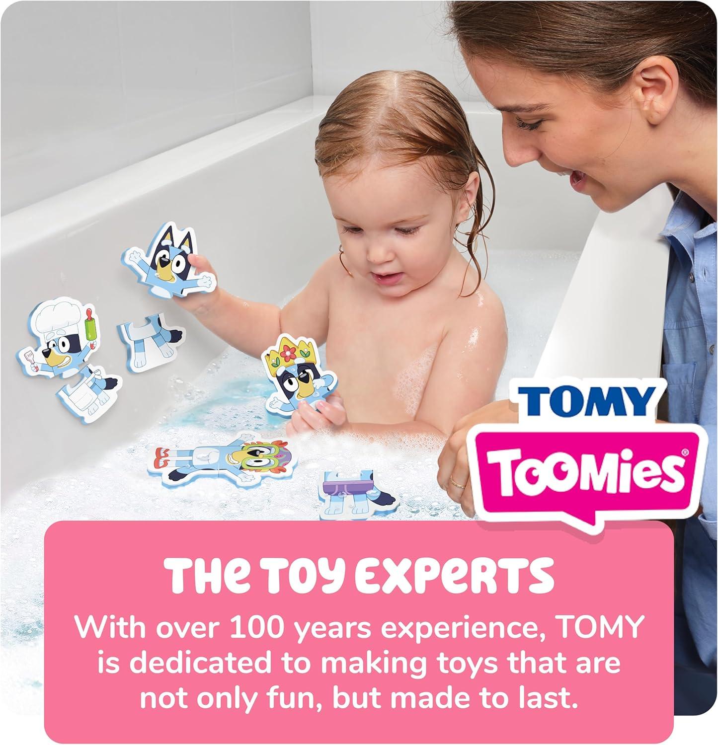 imageTomy Toomies Bluey Bath Puzzle Mix and Match Bluey Puzzle Foam Toddler Bath Toys Includes Mesh Bag Bath Toy Storage with Suction Cups 8 Count 18 Months and Up
