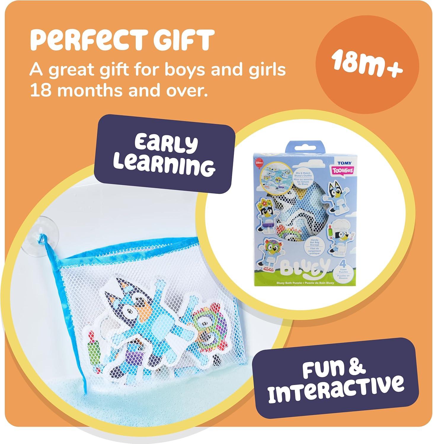 imageTomy Toomies Bluey Bath Puzzle Mix and Match Bluey Puzzle Foam Toddler Bath Toys Includes Mesh Bag Bath Toy Storage with Suction Cups 8 Count 18 Months and Up